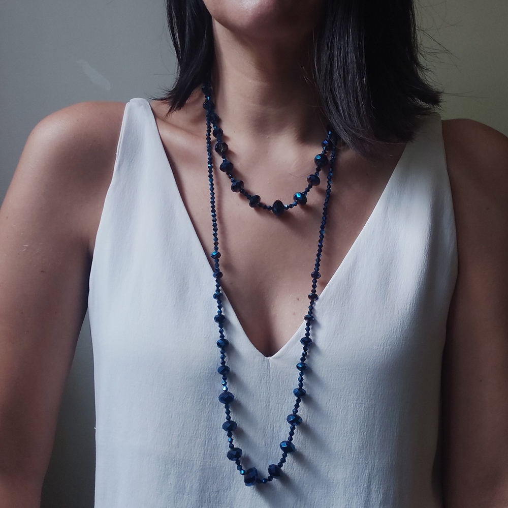 Blue beaded necklace|long adjustable height necklace|single double strand